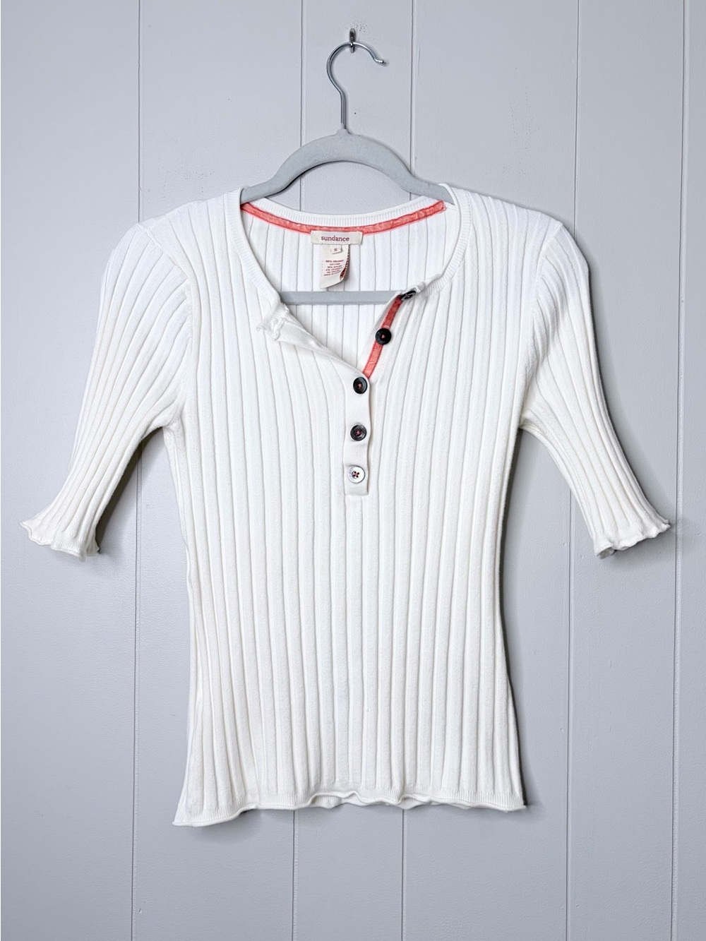 Sundance Organic Cotton White Ribbed Henley Shirt Coral Velvet Neck Trim Small